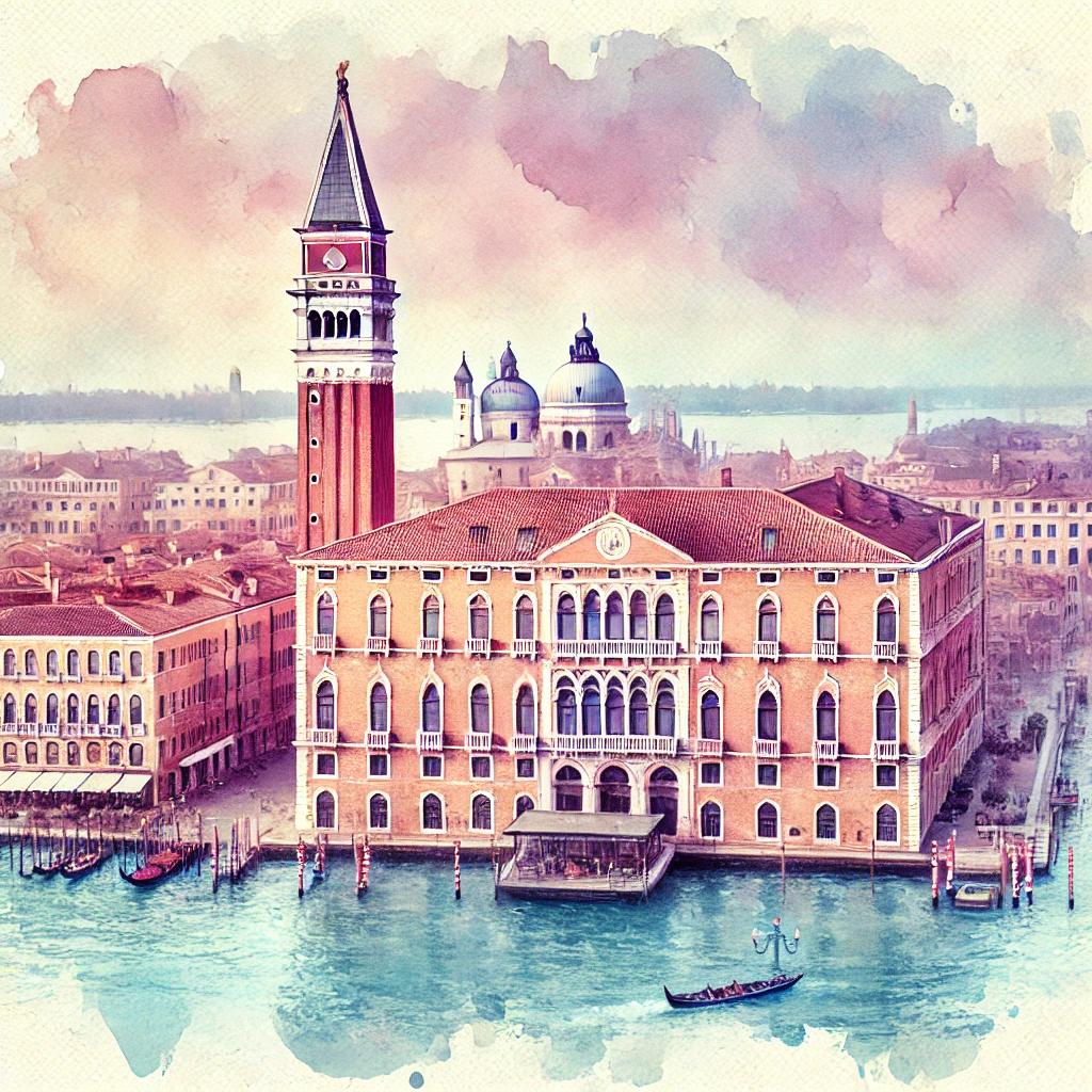 Watercolor illustration with soft, dreamy colors that evoke a romantic and ethereal atmosphere of A panoramic shot of the Hilton Molino Stucky Venice